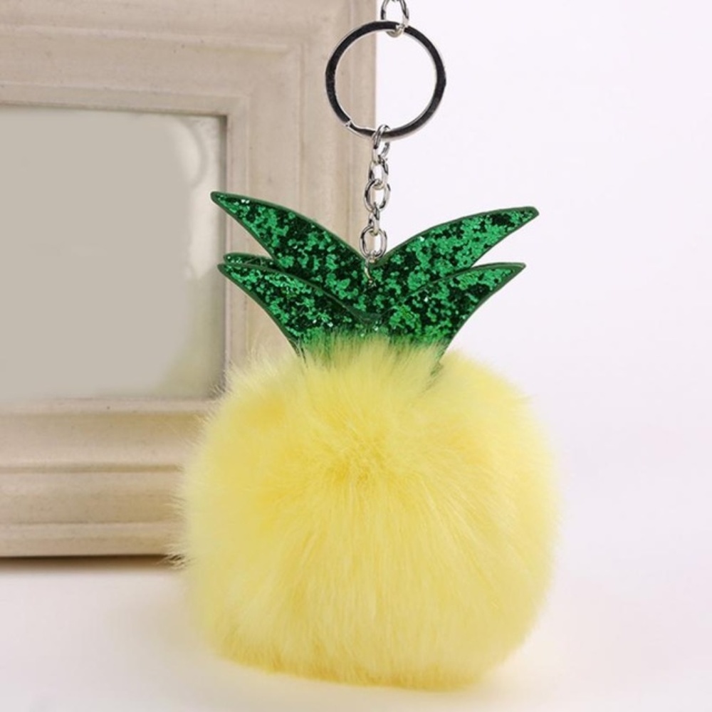 Yellow Glitter Pineapple Puff Pom Pom Keychain - Picture 1 of 4